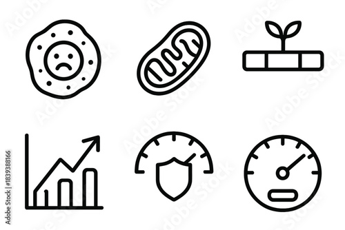 Biomarker Icon Set. Aging Biomarker Set linear set: senescence indicator tile, mitochondrial function icon, antioxidant level bar, growth regulation arrow, stress-resistance marker