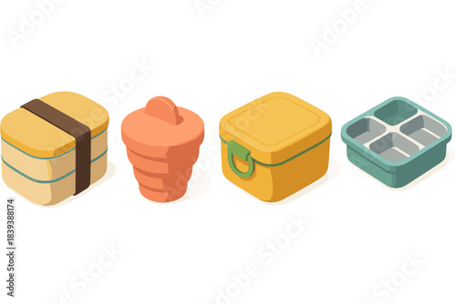 Eco Lunchware Icons. Eco Lunch Containers flat isometric set: bamboo bento box, silicone snack cup, stainless divider tray.