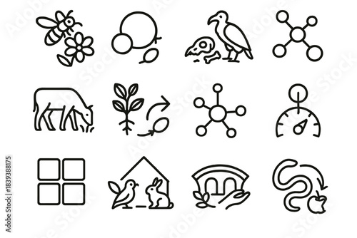 Ecological Link Icon Set. Ecological Relationship Structures linear set: pollinator-plant link, host-symbiont circle, scavenger cleanup node, grazing impact bar, seed-dispersal