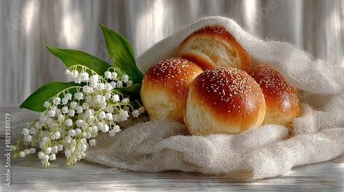   A pair of rolls resting on a white fabric surface beside a bouquet of baby's breath blossoms