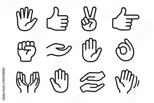Gesture Icons Display. Hand Gesture Expressions linear set: open hand wave, thumbs-up sign, peace gesture, pointing finger, clenched fist, gentle hold icon, palm stop sign, OK