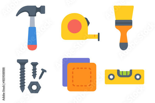 Home Repair Tools. Home Repair Fundamentals flat set: hammer tool, measuring tape, paint brush, screw set, patch kit, level bar.
