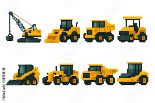 Industrial Machinery Icons. Industrial machinery vehicles set set of icons in flat pixel vector style: dragline excavator, front-end loader, rigid-frame dump truck, road paver,