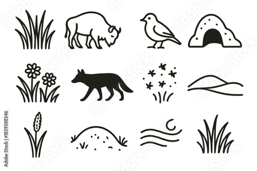 Grassland Iconography. Grassland Ecology linear set: tall grass cluster, grazing herbivore, prairie bird, soil mound, burrow entrance, wildflower patch, predator silhouette, insect