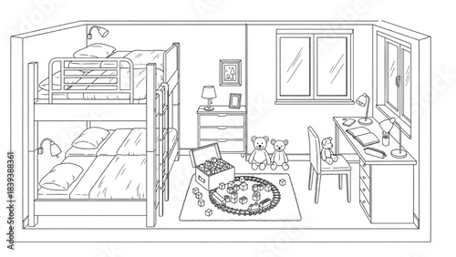 High-quality black line art of a kids’ bedroom floor plan with bunk beds, toy area, and study desk, playful interior layout design