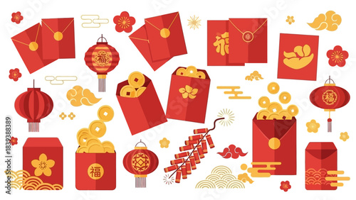 Vibrant Chinese New Year Celebration Elements with Red Lanterns and Gold Symbols