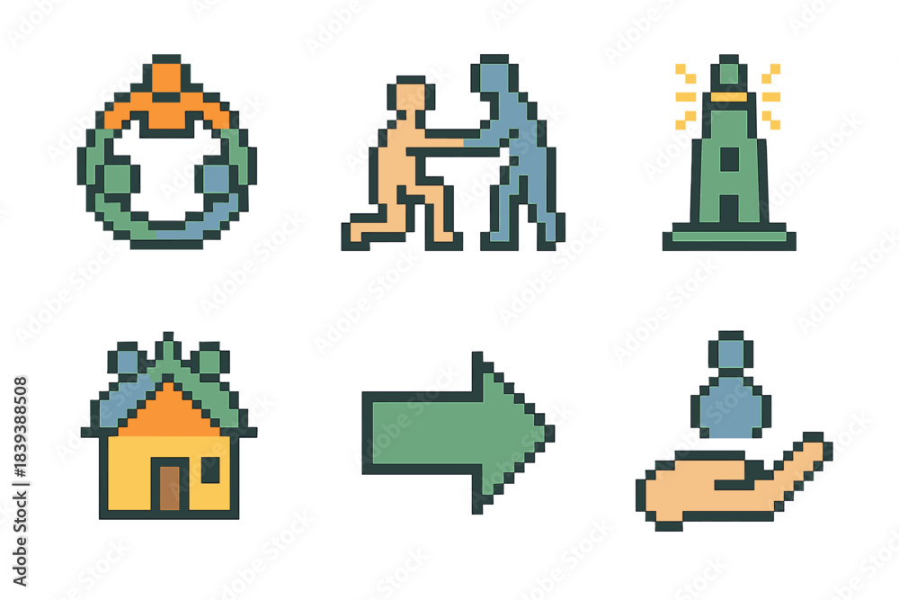 Fototapeta premium Guardian Icon Set. Local Guardian Symbols set of icons in flat pixel vector style: community ring, helping figure, calm beacon, shared home, guidance arrow, protective hand.