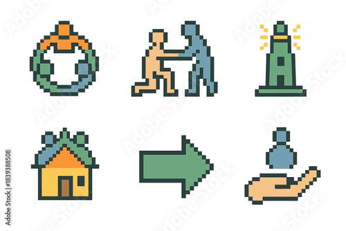 Guardian Icon Set. Local Guardian Symbols set of icons in flat pixel vector style: community ring, helping figure, calm beacon, shared home, guidance arrow, protective hand.
