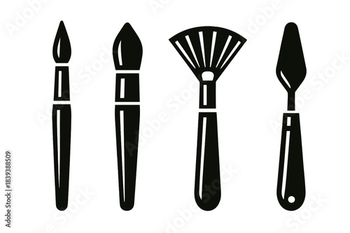 Brush and Knife Icons. Artist Brush Set silhouette set: round detail brush, fan brush, palette knife.