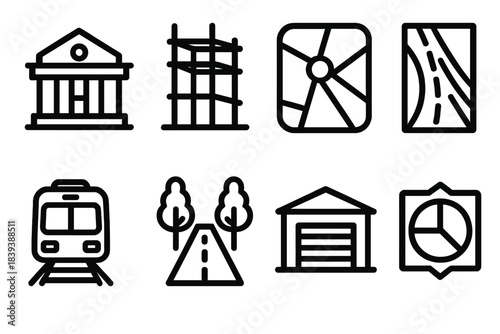 Urban Construction Icons. Urban Construction Concepts linear set: civic hub, high-rise frame, district map, roadway layout, transit link, green corridor, service depot, city sector
