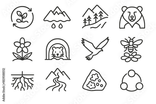 Mountain Ecology Icons. Mountain Environmental Web linear set: nutrient cycle icon, meltwater source, slope vegetation band, keystone species symbol, flowering alpine plant, small