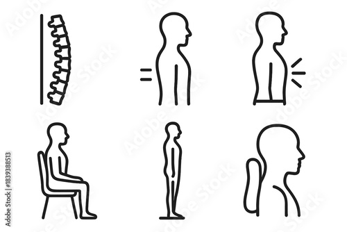 Posture Alignment Icons. Posture Correction linear set: straight spine icon, shoulder alignment mark, core engagement cue, seated posture guide, standing balance line, neck