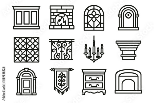 Heritage Interior Icons. Interior Heritage Elements linear set: wooden wainscot, brick fireplace, geometric tile patch, art glass insert, iron grill rail, ceiling ornament disc,