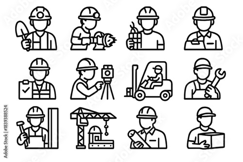 Mining & Construction Icons. Workforce Roles in Mining & Construction linear set: miner, tunnel driller, explosives handler, project foreman, safety inspector, land survey tech,