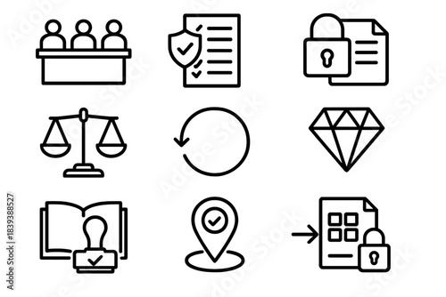 Research Ethics Symbols. Research Ethics Oversight linear set: ethics board table, compliance checklist, secure file icon, risk-benefit scale, review cycle, clarity diamond,