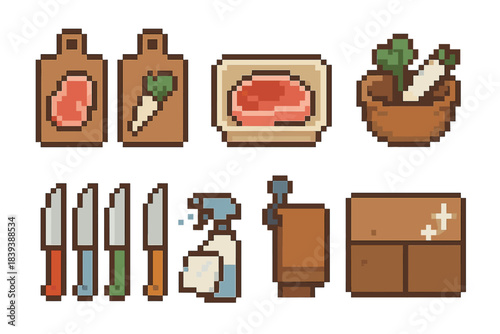 Cross-Contamination Icons. Cross-Contamination Prevention pixel style set: separate cutting boards, raw meat tray, veggie prep bowl, color-coded knives, disinfectant wipe, towel