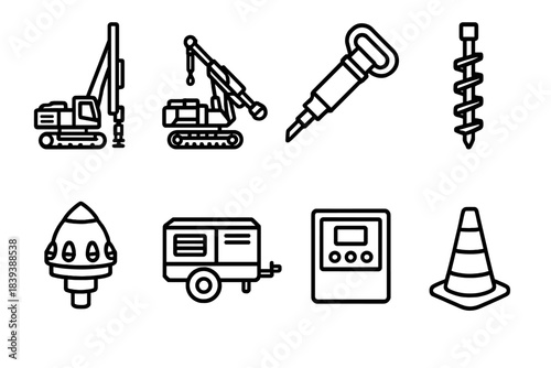 Drilling System Icons. Mining and construction drilling systems set linear set: rotary drill rig, blast hole drill, core sampler, auger bit, drill head, compressor unit, control
