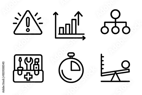 Proactive Response Icons. Proactive Event Response linear set: early warning signal, trigger threshold bar, scenario tree, response toolkit, timing window, impact scale.