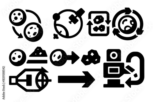 Bold Space Recycling Icons. Interplanetary Recycling Systems silhouette set: off-world waste loop, orbital reclaim node, mineral recovery tile, closed-habitat reuse ring, regolith
