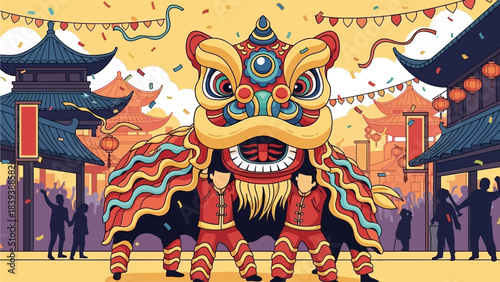 Vibrant Lion Dance Performance in Traditional Chinese Setting with People Celebrating