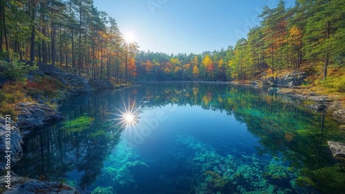 Serene autumnal lake nestled amongst colorful trees, reflecting the sunlight beautifully.