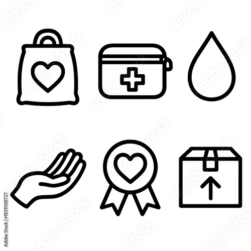 Humanitarian Aid Icons. Humanitarian Support Set linear set: relief bag, medical pouch, clean water drop, open hand, care badge, supply box.