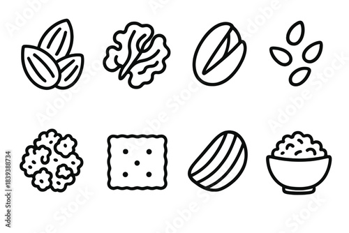 Nutritious Snack Icons. Nutritious Crunch Set linear set: almond handful, walnut piece, pistachio shell, mixed seeds, granola cluster, crisp cracker, veggie chip, crunchy bowl icon