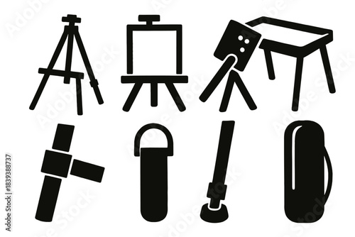 Brutalist Easel Icons. Travel art easels silhouette set: lightweight stand, canvas clamp, tilt adjust plate, supply tray, leg lock, handle strap, rubber foot, compact bag.