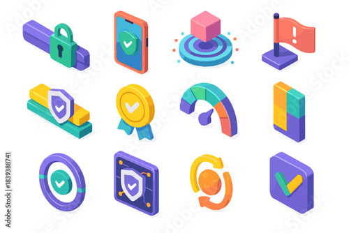 Isometric Network Security Icons. Network Integrity Controls flat isometric set: secure channel bar, device-trust token, anomaly scan node, intrusion flag tile, protocol guard