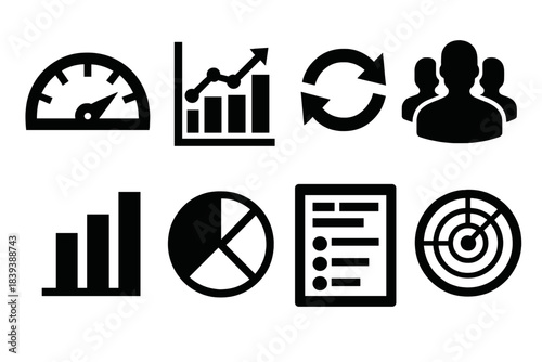 Bold Metrics Icons. Insurance Performance Metrics Set silhouette set: loss ratio gauge, combined ratio chart, retention arrows, customer cohort icon, benchmarking bars, portfolio