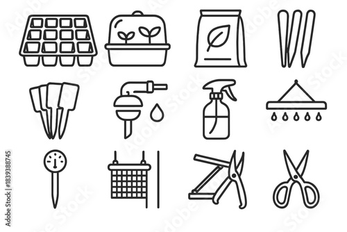 Greenhouse Toolkit Icons. Essential Greenhouse Gear linear set: seed starter cells, propagation dome, compost mix sack, marker sticks, drip watering head, fine mist sprayer, UV