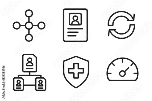 Connected Care Network Icons. Interoperable Care Networks linear set: connected care node, shared record tile, sync pathway arrow, patient data link, care coordination icon, system