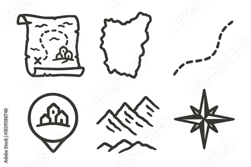 Parchment Map Design. Historical Mapping & Layouts linear set: parchment map, region outline, trade route line, settlement marker, boundary ridge, compass point.