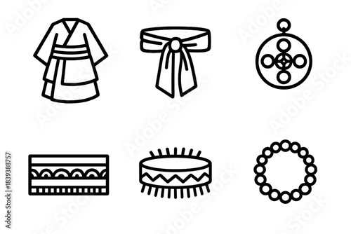 Cultural Garb Icons. Cultural Garb Elements linear set: layered robe, textile belt, pendant charm, decorative hem, ceremonial headband, ankle beads.