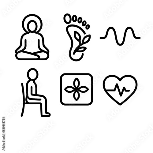 Wellness Icons Grid. Wellness Integration Tools linear set: centered awareness icon, physical ease symbol, rhythmic breath line, supportive posture cue, calm field tile, health