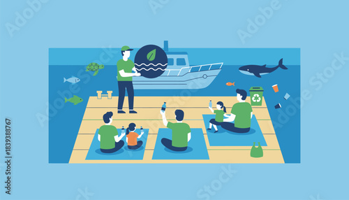 An educational workshop being held at a marina teaching families about the importance of reducing ocean pollution.