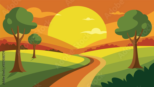 Cartoon landscape with winding road and bright setting sun