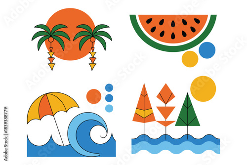 summer travel posters set, abstract geometric vacation background collection, minimal flat design for social media ads, retro beach scenes with palm trees, sun, waves, and vibrant holiday illustration