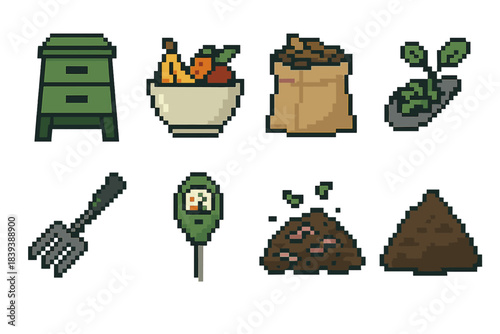 Composting Icon Essentials. Composting Essentials set of icons in flat pixel vector style: compost bin, kitchen scrap bowl, browns bag, greens scoop, aeration tool, moisture meter,