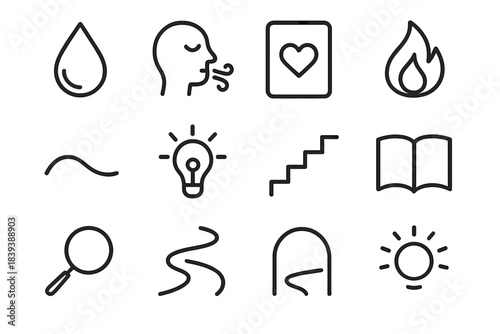 Reflective Icons Journey. Inner Journey linear set: reflective droplet, calm breath icon, intention card, gentle flame, soft curve, insight spark, steady steps, open journal,
