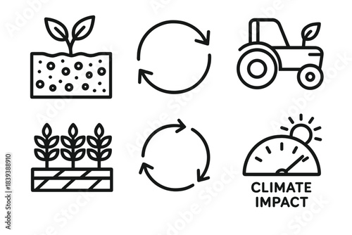 Climate Farming Icons. Climate-Positive Farming linear set: carbon-rich soil icon, regenerative loop arrow, low-emission tractor symbol, cover crop tile, nutrient cycle ring,