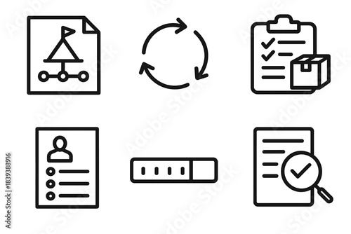 Construction Process Icons. Construction Task Flow linear set: phased plan icon, coordination arrows, delivery log, crew assignment sheet, timing bar, review magnifier.