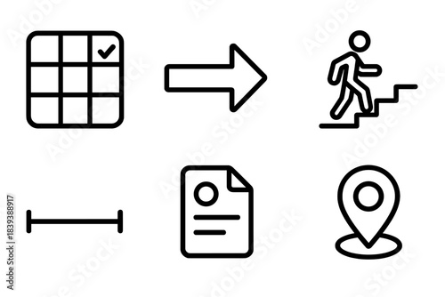Habitual Icons Collection. Personal Discipline linear set: routine grid, focused arrow, habit loop, steady step icon, boundary line, intention note, clarity ring, commitment marker