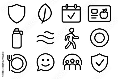 Preventive Health Icons. Preventive Health Culture Elements Set linear set: shield icon, wellness leaf, checkup calendar, healthy habit card, hydration bottle, breath wave, active