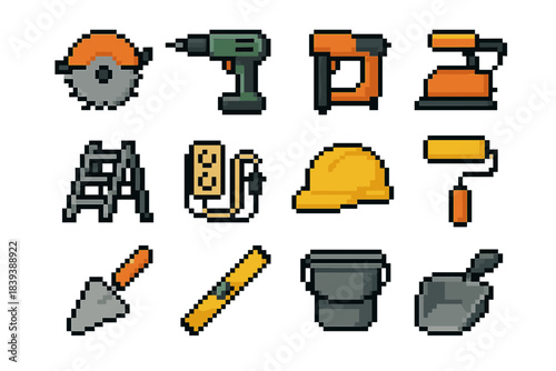 Pixel Art Tools. Construction Equipment pixel style set: circular saw, power drill, nail gun, sander, ladder, extension cord, hard hat, paint roller, trowel, bricklaying level,