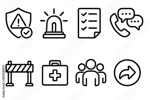 Crisis Management Icons. Crisis management steps set linear set: risk assessment icon, alert beacon, action plan sheet, communication hub, safety barrier, resource kit, response