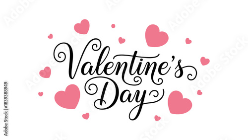 Elegant Valentine's Day text with scattered pink hearts on a white background.