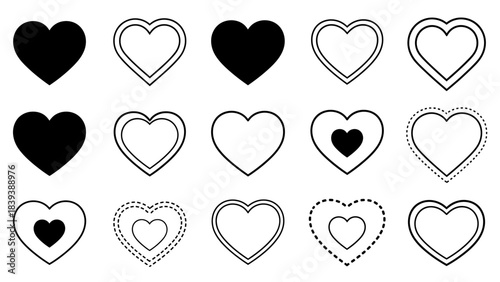 Set of red and pink heart icons in a vector illustration pattern featuring romantic shapes and love symbols for Valentine's Day decoration and holiday card design