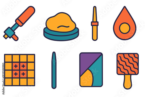 Artisan Tool Icons. Flexible Artisanal Practices flat set: pivoting punch tool, soft molding pad, interchangeable needle tip, variable dye droplet, pattern grid, shaping rod,