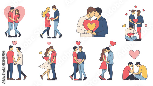 Diverse couples, including same-sex and heterosexual, showing affection and holding hearts, symbolizing love and relationships.